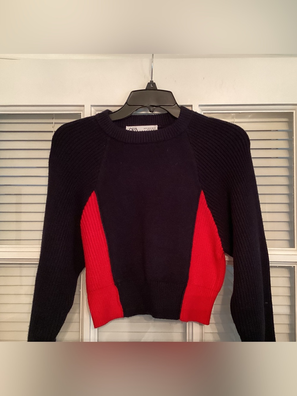 Zara Navy Crewneck Sweater with Red Side Panels
